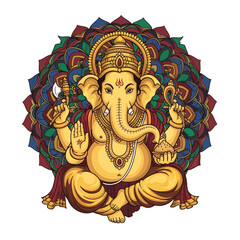 Golden Hindu deity Lord Ganesha sitting in a lotus pose with a colorful, intricate mandala background.