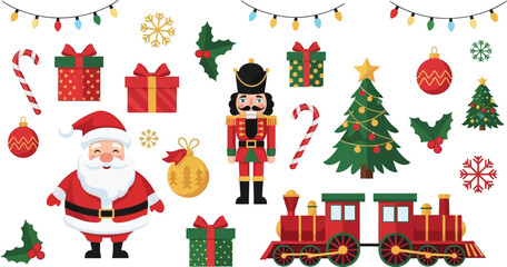 Colorful flat vector illustration featuring Santa Claus, nutcracker soldier, Christmas tree, presents, ornaments, and festive train. Perfect for holiday cards, decorations,and  packaging