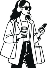 Trendy Minimalist Urban Woman with Headphones, Coffee and Smartphone Vector

