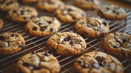 Warmly lit close up of freshly baked chocolate chip cookies on a rustic cooling rack