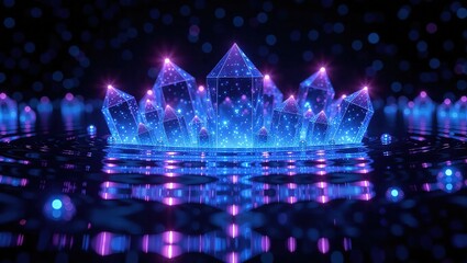 Futuristic Glowing Crystal Crown on Reflective Surface.