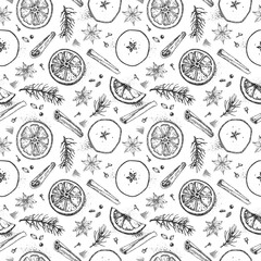 mulled wiSeamless Christmas hand-drawn vector pattern with mulled wine ingredients: cinnamon, anise, dried apple and orange, cloves, cardamom and fir branches. 