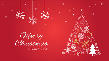 Beautiful red Christmas background featuring a decorative tree made of icons and snowflakes, perfect for holiday greetings © pics3