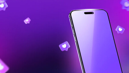 Modern smartphone with floating social media icons in a vibrant purple gradient background