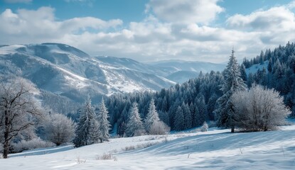 Beautiful Winter Landscape with Snow-Covered Trees and Hills, Serene Blue Sky and Fluffy White Clouds