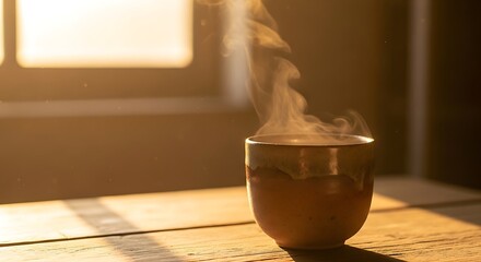 Warm beverage in rustic cup steaming on a wooden surface indoors