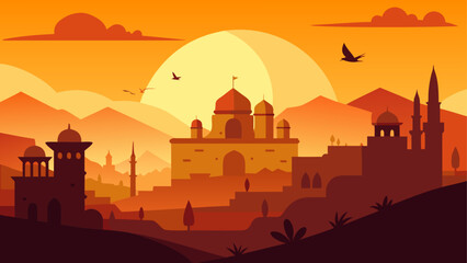 Sunset over a distant middle eastern town