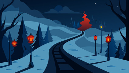 Winter landscape with train tracks night