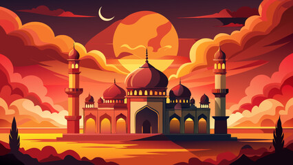 Mosque at sunset with moon and clouds art
