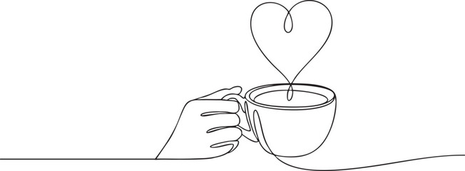 Continuous one line drawing of a hand holding a hot cup of cocoa with heart-shaped steam symbolizing warmth, love, and comfort in minimalist style