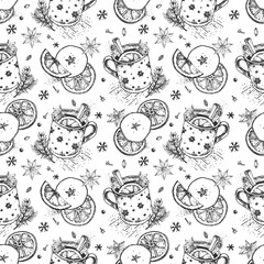Seamless Christmas hand-drawn vector pattern with a mug of mulled wine, cinnamon, anise, dried apple and orange, cloves, cardamom and fir branches.