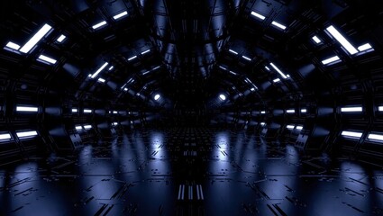 Futuristic Sci Fi Tunnel with Reflective Floor and Lights.