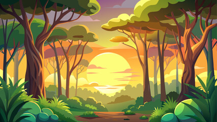 Cartoon forest landscape at sunset scene