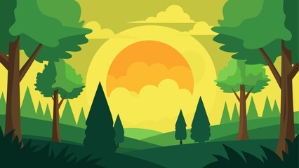 Illustration of forest at sunset or sunrise