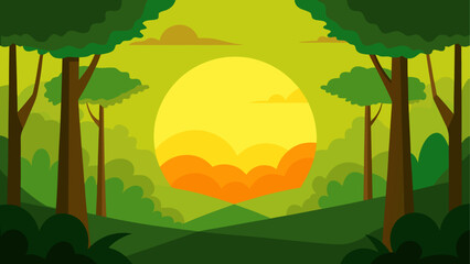 Cartoon landscape with sun and trees view