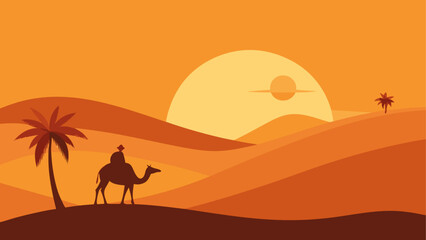 Camel rider in desert at sunset scenery