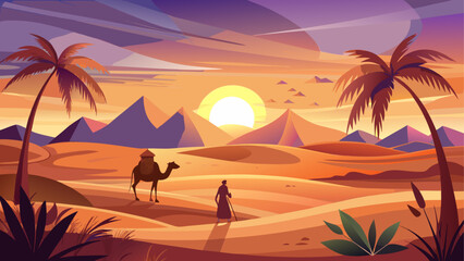 Desert landscape with camel and pyramids