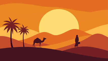 Illustration of desert scene at sunset time