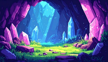 pixel art retro game level, Crystal Cavern, 8 bit 2d video game background, undergrou 