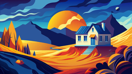 Stylized landscape with house and sunset