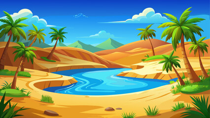 Desert oasis landscape with palm trees