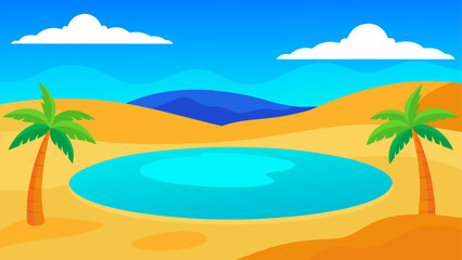 Oasis scene with palms and water body