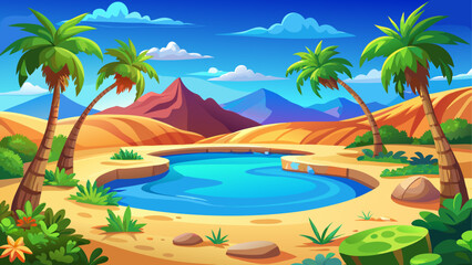 Cartoon oasis with palm trees and mountains