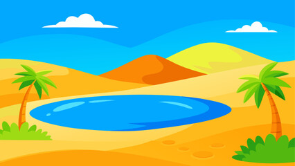 Cartoon desert oasis with palms and clouds