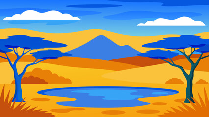 Cartoon landscape with trees and a pond