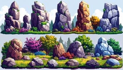 Set of pixel rocks with grass and flowers- elements of natural environment for game 