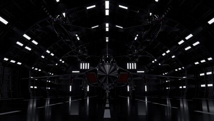 Futuristic Starfighter Jet in a Dark Hangar Bay.