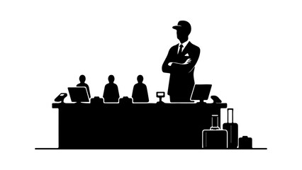 Airport check-in counter with staff and passengers