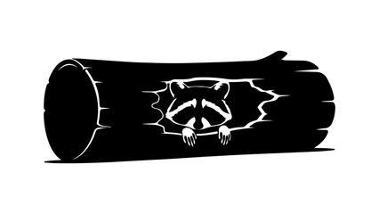 Raccoon peeking from log with transparent background