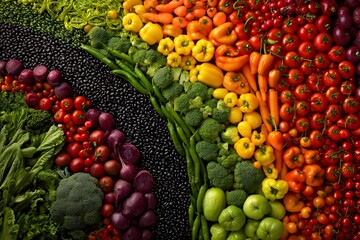 Vegan produce arranged in vibrant colorful rows.