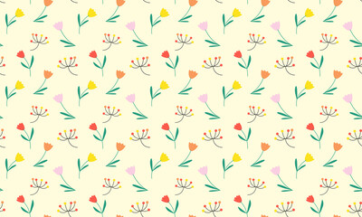 A delightful repeating botanical pattern featuring minimalist and colorful hand-drawn tulips and wildflowers on a cheerful light background