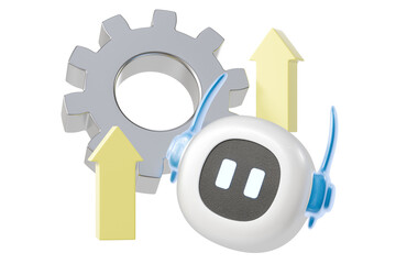 3d robot with gear and growth arrows icon. ai automation concept. minimal cartoon bot assistant optimizer for SaaS banner onboarding. isolated on white background. 3d render.