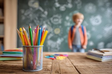 A young kid stands ready with a backpack near a desk with colorful pencils and school books.