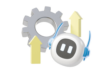 Obraz premium 3d robot with gear and growth arrows icon. ai automation concept. minimal cartoon bot assistant optimizer for SaaS banner onboarding. isolated on white background. 3d render.