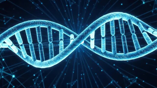 Abstract digital representation of a dna double helix with binary code and network connections - Powered by Adobe