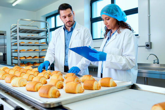 Caucasian young adult man and Caucasian young adult woman working in bakery laboratory, inspecting fresh croissants on tray, woman holding clipboard, both wearing lab coats and gloves