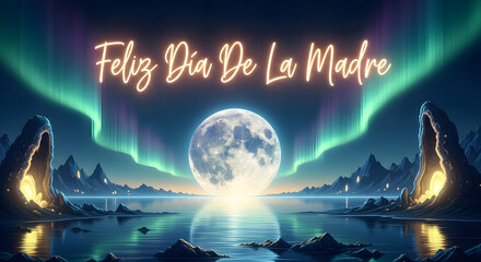 Feliz Dia De La Madre with Aurora Borealis and Full Moon.