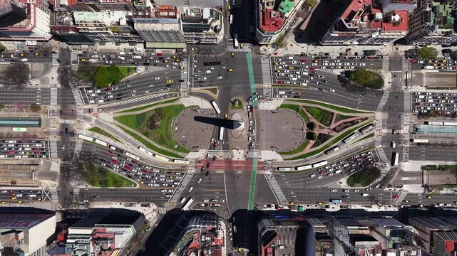 The obelisk seen by drone in Buenos Aires, Argentina. Top-down view.