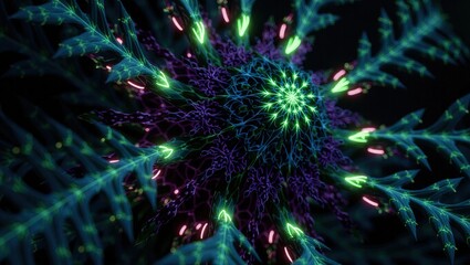 Glowing Neon Fractal Vortex in Deep Space Abstract Background.