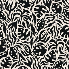 Groovy allover print with tropical leaves, branches and flowers. Bold maximalist tropical vector background. Modern botanical abstract seamless pattern.