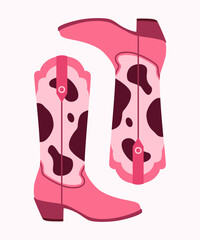Pink retro pink cow print boots. Cowboy western theme, wild west