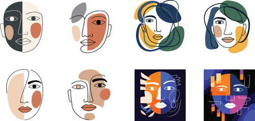 Abstract Face Portrait Vector Set: Line Art, Modern Minimalist, and Bohemian Style Human Silhouettes.