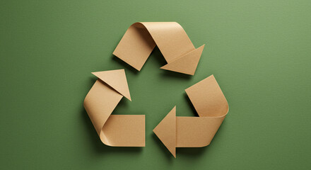Recycling symbol made from folded brown paper on a green background.