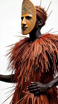 Dogon dancer performs in traditional fiber costume for mask ceremony in Mali