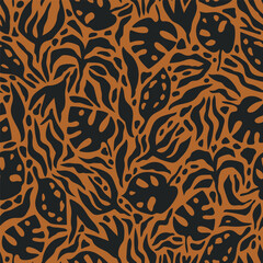 Groovy allover print with tropical leaves, branches and flowers. Bold maximalist tropical vector background. Modern botanical abstract seamless pattern.
