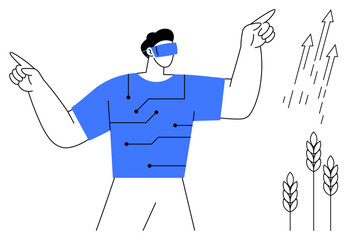 A man wearing virtual reality goggles interacting with technology visuals, circuits on his shirt connecting digital systems, arrows showing growth, and wheat icons. Ideal for innovation, agriculture